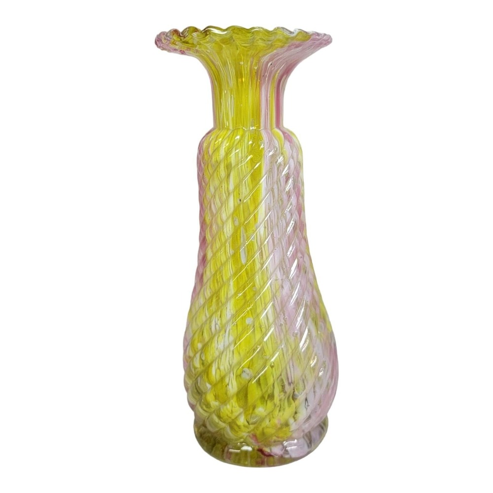 SPATTER Pink End of Day Glass Wheat VASE Ruffled Top Swirled Ribbed Sides 8"